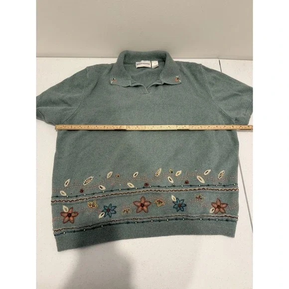 Alfred Dunner Sage Green Embroidered Floral Short Sleeve Polo Sweater XL - Picture 9 of 9